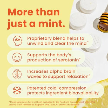 Neuro Calm & Clarity Mints - GABA L-Theanin Stress Ergänzung mit Vitamin D3 - Nicht müde machende, funktionale Beruhigungsmints für Stimmung, geistige Klarheit & kognitive Funktion - Honig-Zitrone, 72 Stück
