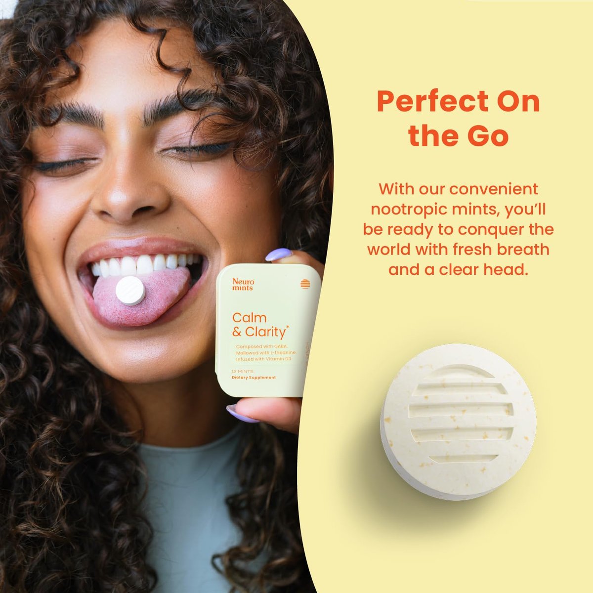 Neuro Calm & Clarity Mints - GABA L-Theanin Stress Ergänzung mit Vitamin D3 - Nicht müde machende, funktionale Beruhigungsmints für Stimmung, geistige Klarheit & kognitive Funktion - Honig-Zitrone, 72 Stück