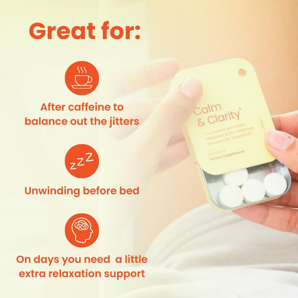 Neuro Calm & Clarity Mints - GABA L-Theanin Stress Ergänzung mit Vitamin D3 - Nicht müde machende, funktionale Beruhigungsmints für Stimmung, geistige Klarheit & kognitive Funktion - Honig-Zitrone, 72 Stück