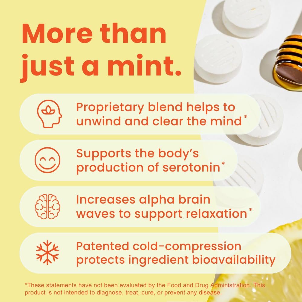 Neuro Calm & Clarity Mints - GABA L-Theanin Stress Ergänzung mit Vitamin D3 - Nicht müde machende, funktionale Beruhigungsmints für Stimmung, geistige Klarheit & kognitive Funktion - Honig-Zitrone, 72 Stück