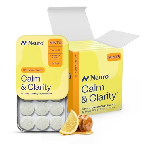 Neuro Calm & Clarity Mints - GABA L-Theanin Stress Ergänzung mit Vitamin D3 - Nicht müde machende, funktionale Beruhigungsmints für Stimmung, geistige Klarheit & kognitive Funktion - Honig-Zitrone, 72 Stück