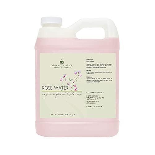 Rosenhydrolat Wasser, Reines Rosenwasserspray Großpackung, Hydratisierender Gesichtstoner Rosenwasser für Haut und Haar, Leinenspray für Bettwäsche, Raumduft, Körperspray Nachfüllung von Organic Pure Oil, 946 ml
