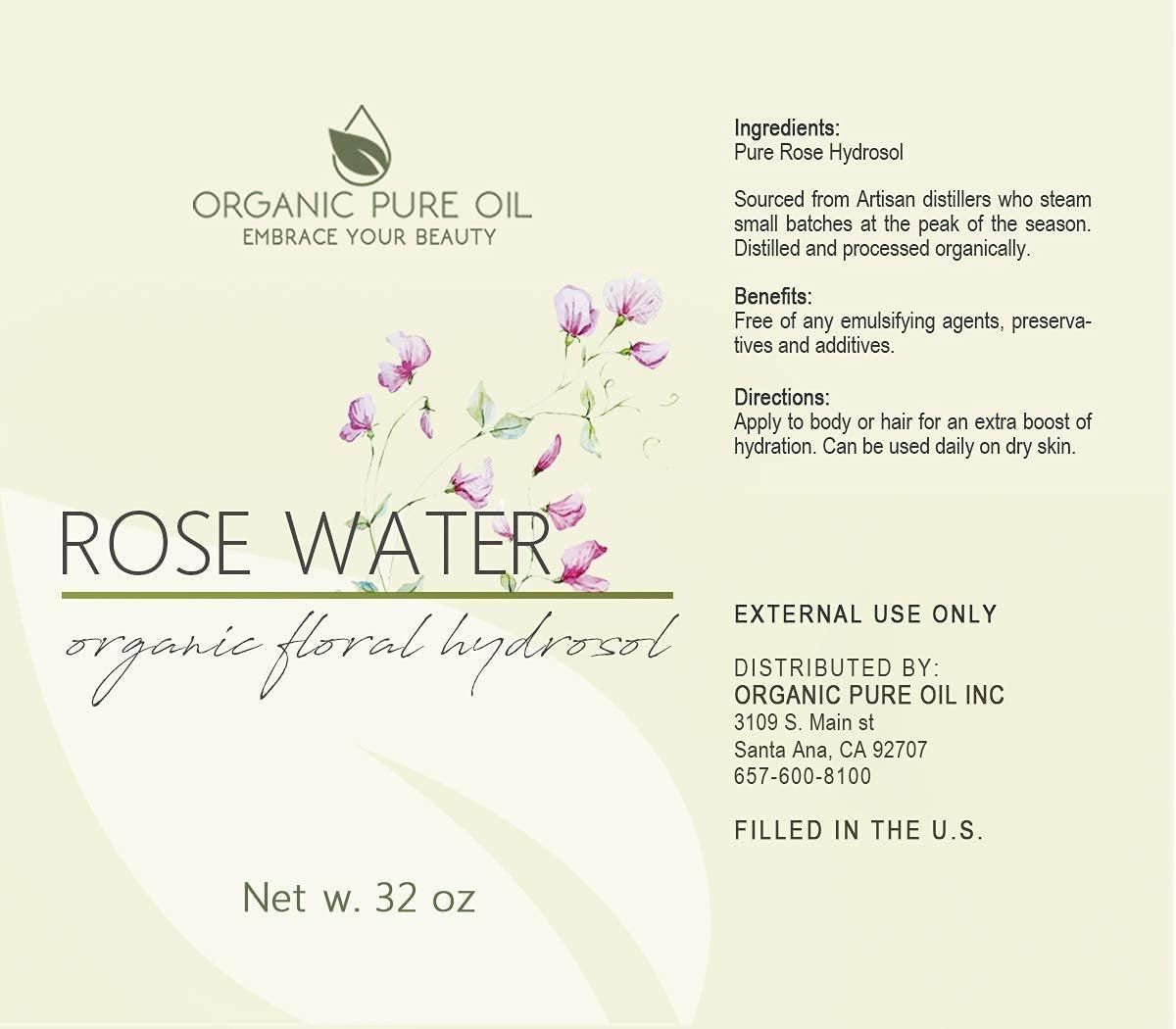 Rosenhydrolat Wasser, Reines Rosenwasserspray Großpackung, Hydratisierender Gesichtstoner Rosenwasser für Haut und Haar, Leinenspray für Bettwäsche, Raumduft, Körperspray Nachfüllung von Organic Pure Oil, 946 ml