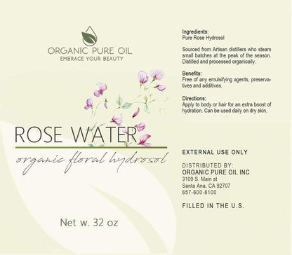 Rosenhydrolat Wasser, Reines Rosenwasserspray Großpackung, Hydratisierender Gesichtstoner Rosenwasser für Haut und Haar, Leinenspray für Bettwäsche, Raumduft, Körperspray Nachfüllung von Organic Pure Oil, 946 ml