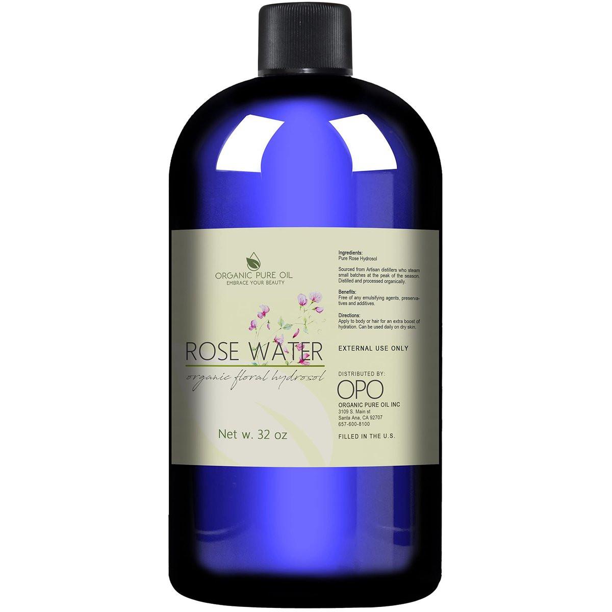 Rosenhydrolat Wasser, Reines Rosenwasserspray Großpackung, Hydratisierender Gesichtstoner Rosenwasser für Haut und Haar, Leinenspray für Bettwäsche, Raumduft, Körperspray Nachfüllung von Organic Pure Oil, 946 ml