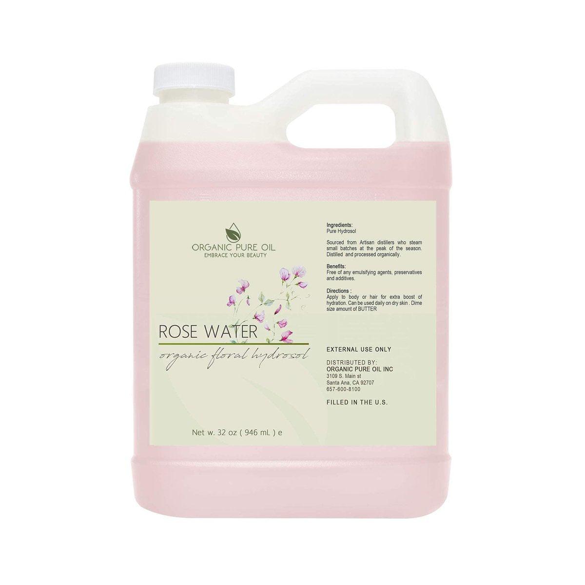 Rosenhydrolat Wasser, Reines Rosenwasserspray Großpackung, Hydratisierender Gesichtstoner Rosenwasser für Haut und Haar, Leinenspray für Bettwäsche, Raumduft, Körperspray Nachfüllung von Organic Pure Oil, 946 ml