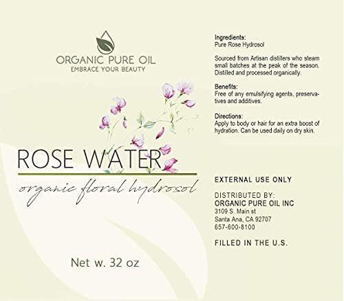 Rosenhydrolat Wasser, Reines Rosenwasserspray Großpackung, Hydratisierender Gesichtstoner Rosenwasser für Haut und Haar, Leinenspray für Bettwäsche, Raumduft, Körperspray Nachfüllung von Organic Pure Oil, 946 ml