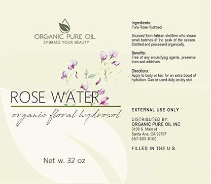 Rosenhydrolat Wasser, Reines Rosenwasserspray Großpackung, Hydratisierender Gesichtstoner Rosenwasser für Haut und Haar, Leinenspray für Bettwäsche, Raumduft, Körperspray Nachfüllung von Organic Pure Oil, 946 ml
