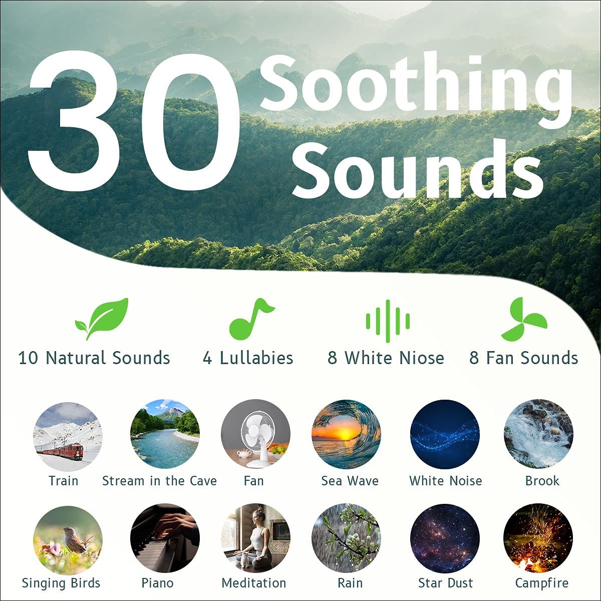 Easysleep Sound Weißes Rauschen Maschine mit 25 beruhigenden Klängen und Nachtlicht, Gedächtnisfunktion, 32 Lautstärkestufen und 5 Schlaf-Timer, betrieben über AC oder USB für Schlaf und Entspannung (Holz)