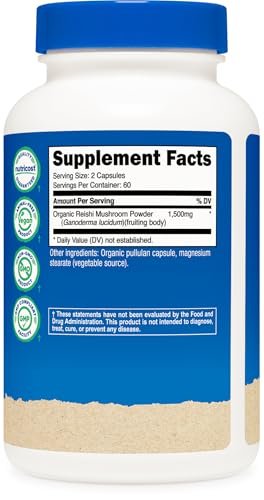 Nutricost Reishi Pilzkapseln 1500mg, 60 Portionen - CCOF-zertifiziert aus Bio-Reishi-Pilz, vegetarisch, glutenfrei, 750mg pro Kapsel, 120 Kapseln