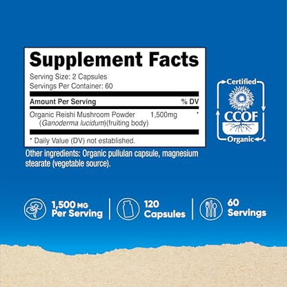 Nutricost Reishi Pilzkapseln 1500mg, 60 Portionen - CCOF-zertifiziert aus Bio-Reishi-Pilz, vegetarisch, glutenfrei, 750mg pro Kapsel, 120 Kapseln