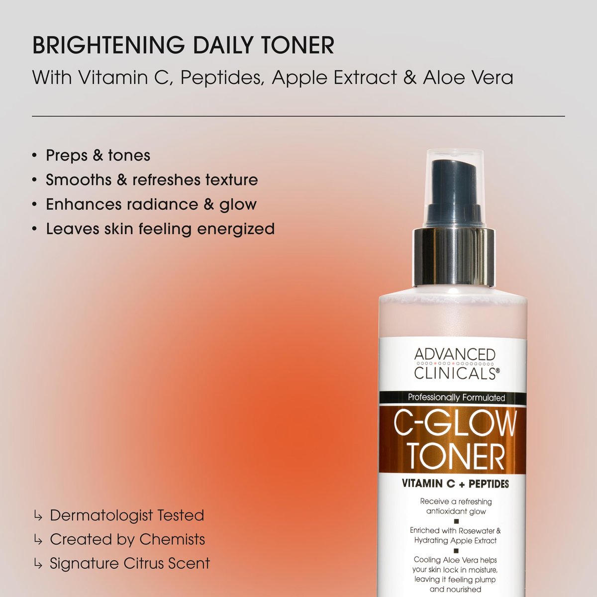 Advanced Clinicals Vitamin C Glow Facial Mist Toner mit Rosenwasser, Ferulinsäure & Peptiden – Antioxidantien-Gesichtsspray für sofortige Feuchtigkeit, 237 ml