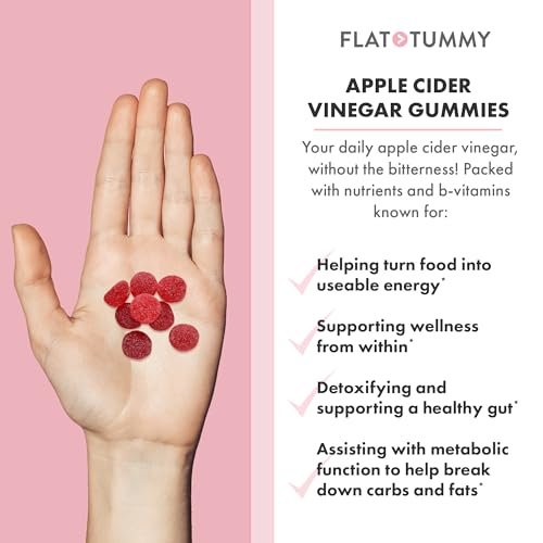 Flat Tummy Apfelessig Gummibärchen, 60 Stück – ACV Gummis, Entgiftung, Unterstützung der Darmgesundheit – Vegan-freundlich, Nicht-GVO – Rote Bete und Granatapfel Superfood Pulver, Vitamine B6, B9 & B12