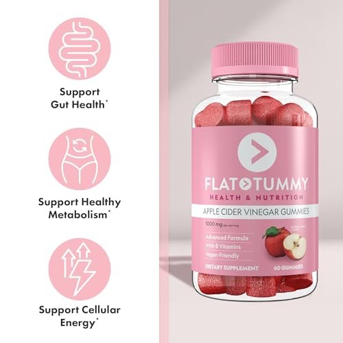 Flat Tummy Apfelessig Gummibärchen, 60 Stück – ACV Gummis, Entgiftung, Unterstützung der Darmgesundheit – Vegan-freundlich, Nicht-GVO – Rote Bete und Granatapfel Superfood Pulver, Vitamine B6, B9 & B12