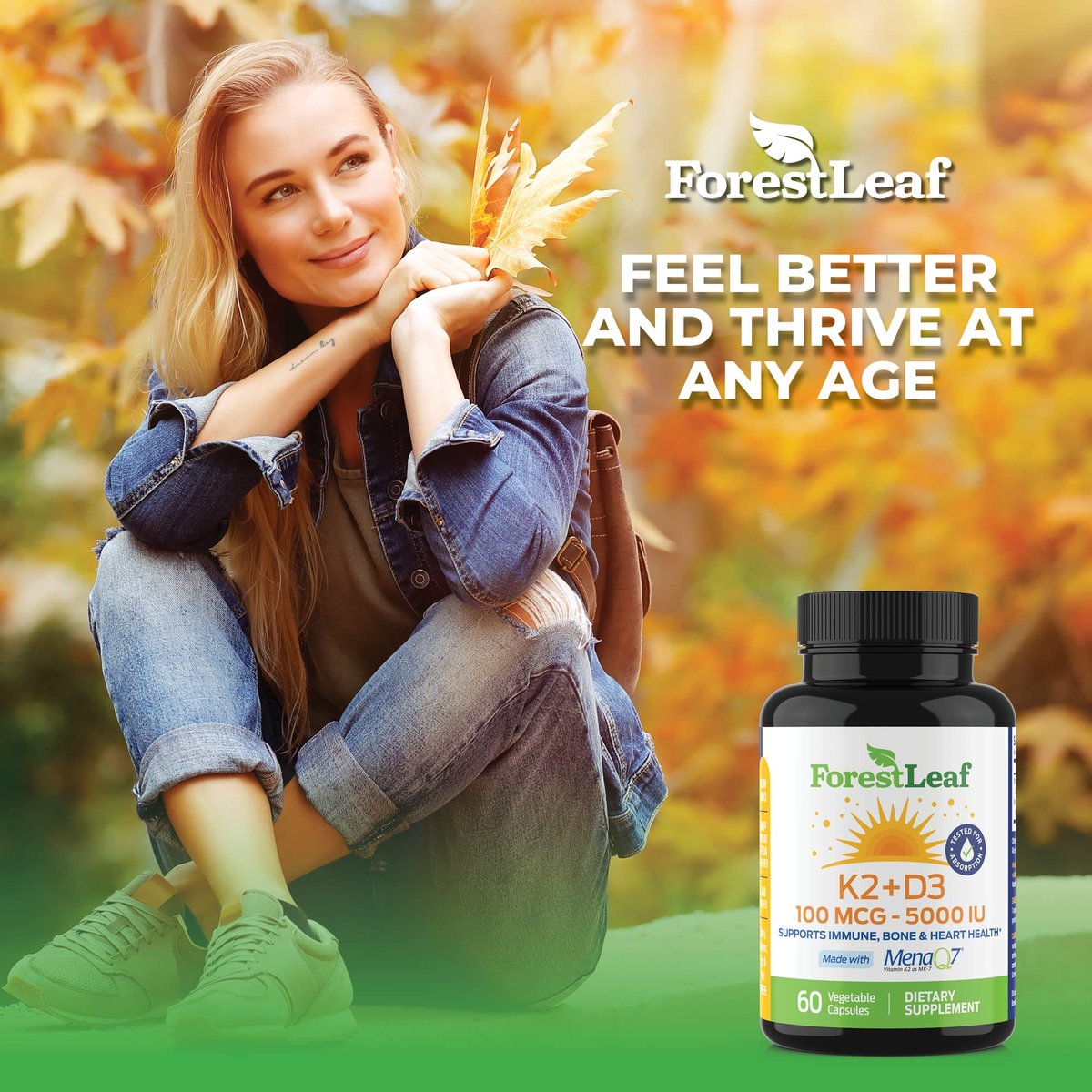 ForestLeaf Vitamin D3 + K2 (MK7) mit MenaQ7 – 5000 IE Vitamin D3 & K2 für Knochenstärke, Herzgesundheit & Immunsystem – 60 vegane Kapseln