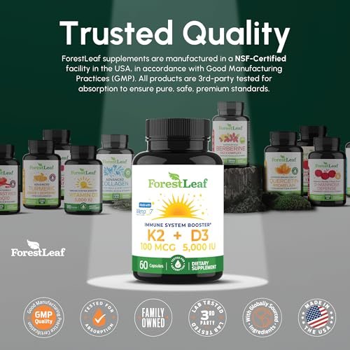 ForestLeaf Vitamin D3 + K2 (MK7) mit MenaQ7 – 5000 IE Vitamin D3 & K2 für Knochenstärke, Herzgesundheit & Immunsystem – 60 vegane Kapseln