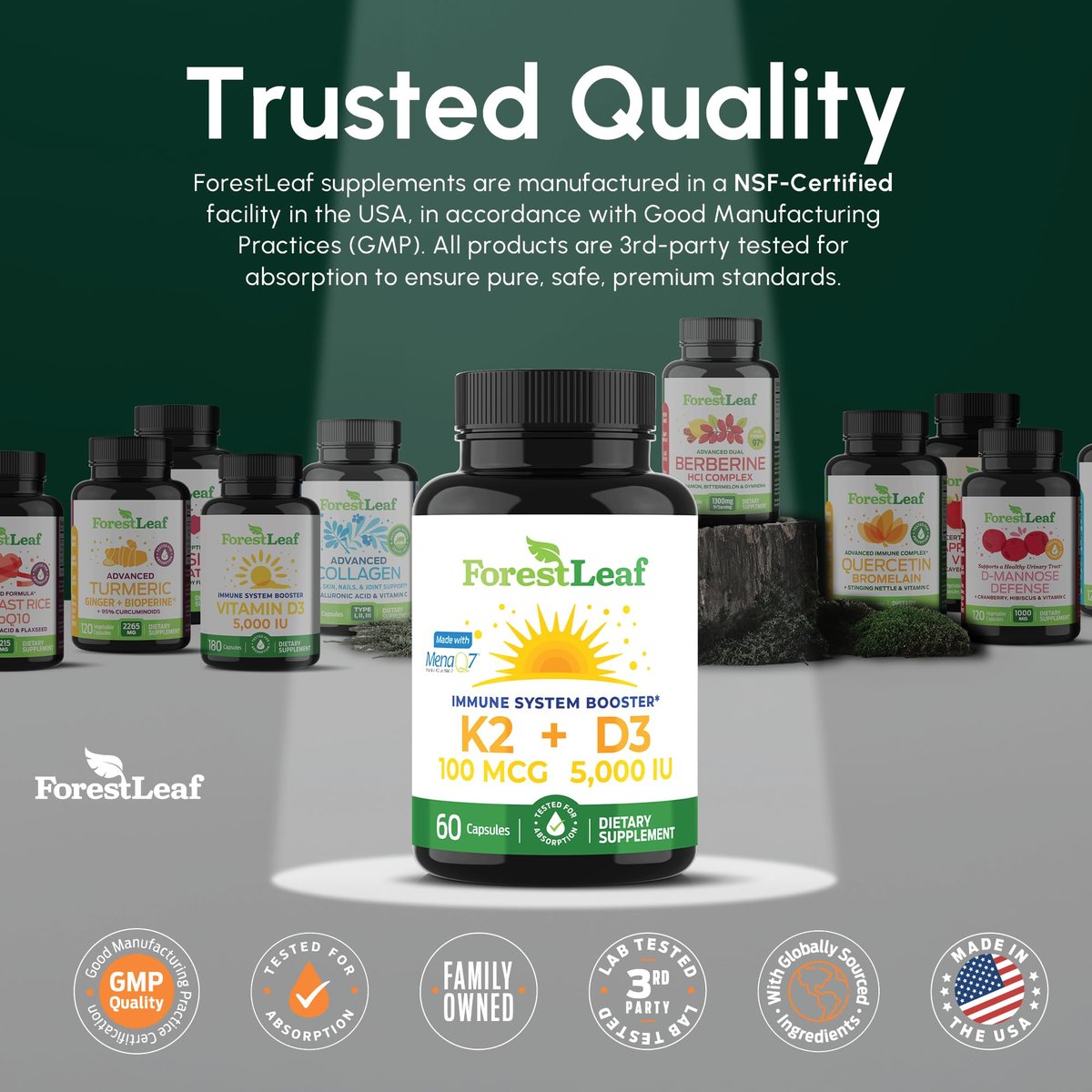 ForestLeaf Vitamin D3 + K2 (MK7) mit MenaQ7 – 5000 IE Vitamin D3 & K2 für Knochenstärke, Herzgesundheit & Immunsystem – 60 vegane Kapseln