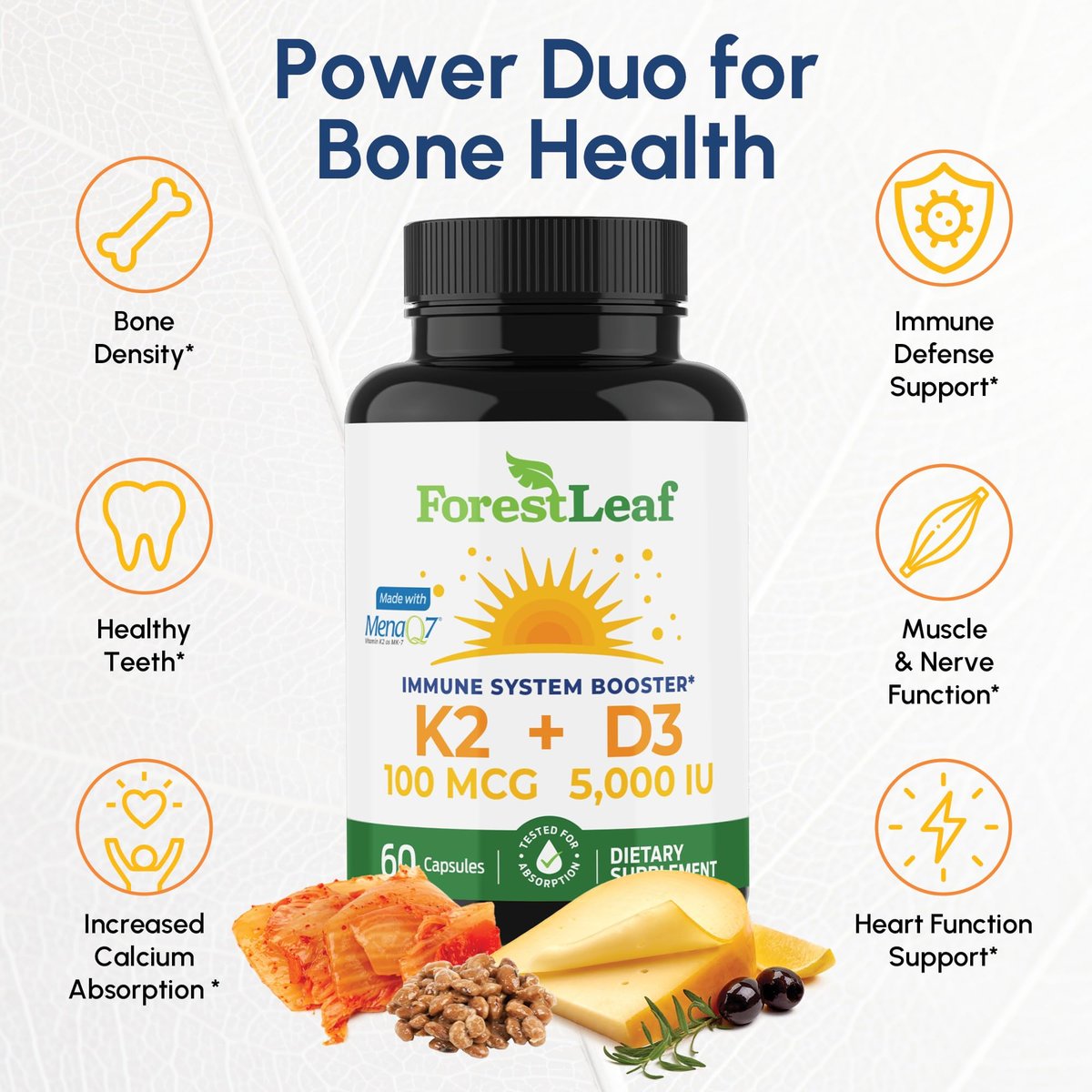 ForestLeaf Vitamin D3 + K2 (MK7) mit MenaQ7 – 5000 IE Vitamin D3 & K2 für Knochenstärke, Herzgesundheit & Immunsystem – 60 vegane Kapseln