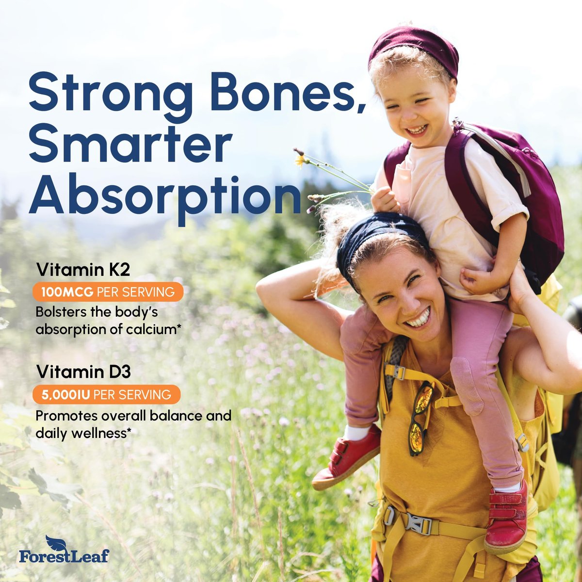 ForestLeaf Vitamin D3 + K2 (MK7) mit MenaQ7 – 5000 IE Vitamin D3 & K2 für Knochenstärke, Herzgesundheit & Immunsystem – 60 vegane Kapseln