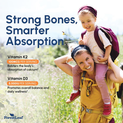 ForestLeaf Vitamin D3 + K2 (MK7) mit MenaQ7 – 5000 IE Vitamin D3 & K2 für Knochenstärke, Herzgesundheit & Immunsystem – 60 vegane Kapseln