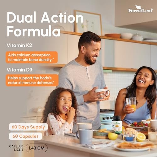 ForestLeaf Vitamin D3 + K2 (MK7) mit MenaQ7 – 5000 IE Vitamin D3 & K2 für Knochenstärke, Herzgesundheit & Immunsystem – 60 vegane Kapseln