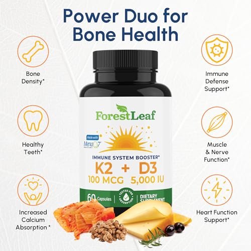 ForestLeaf Vitamin D3 + K2 (MK7) mit MenaQ7 – 5000 IE Vitamin D3 & K2 für Knochenstärke, Herzgesundheit & Immunsystem – 60 vegane Kapseln