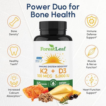 ForestLeaf Vitamin D3 + K2 (MK7) mit MenaQ7 – 5000 IE Vitamin D3 & K2 für Knochenstärke, Herzgesundheit & Immunsystem – 60 vegane Kapseln