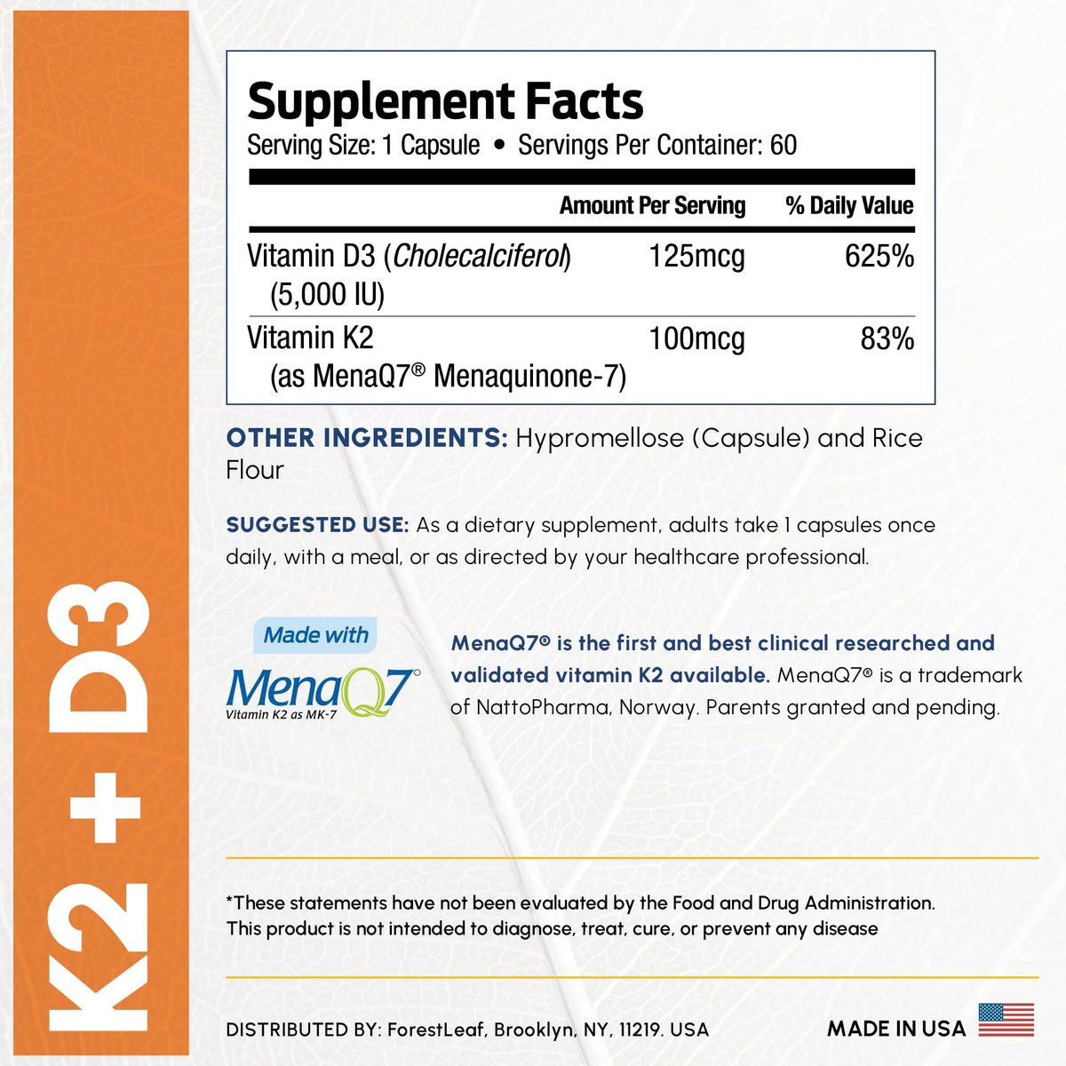 ForestLeaf Vitamin D3 + K2 (MK7) mit MenaQ7 – 5000 IE Vitamin D3 & K2 für Knochenstärke, Herzgesundheit & Immunsystem – 60 vegane Kapseln