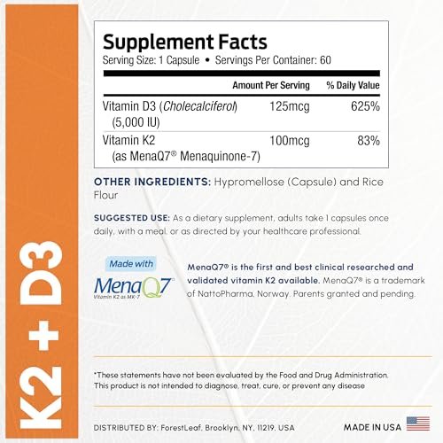 ForestLeaf Vitamin D3 + K2 (MK7) mit MenaQ7 – 5000 IE Vitamin D3 & K2 für Knochenstärke, Herzgesundheit & Immunsystem – 60 vegane Kapseln