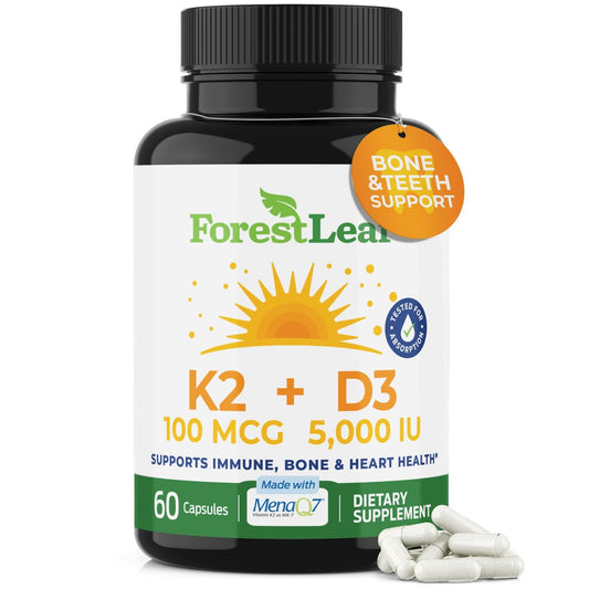 ForestLeaf Vitamin D3 + K2 (MK7) mit MenaQ7 – 5000 IE Vitamin D3 & K2 für Knochenstärke, Herzgesundheit & Immunsystem – 60 vegane Kapseln