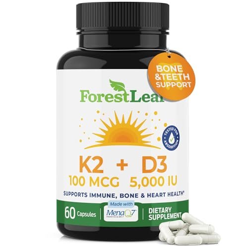 ForestLeaf Vitamin D3 + K2 (MK7) mit MenaQ7 – 5000 IE Vitamin D3 & K2 für Knochenstärke, Herzgesundheit & Immunsystem – 60 vegane Kapseln