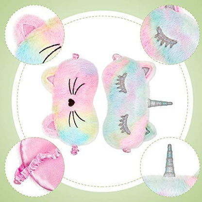 Geyoga 3er-Set Schlafmasken für Kinder – Plüsch-Schlafaugenabdeckung mit Tiermotiven (Regenbogenfarben, Katze und Einhorn)