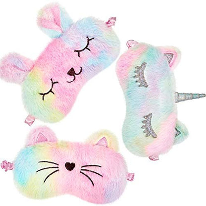 Geyoga 3er-Set Schlafmasken für Kinder – Plüsch-Schlafaugenabdeckung mit Tiermotiven (Regenbogenfarben, Katze und Einhorn)