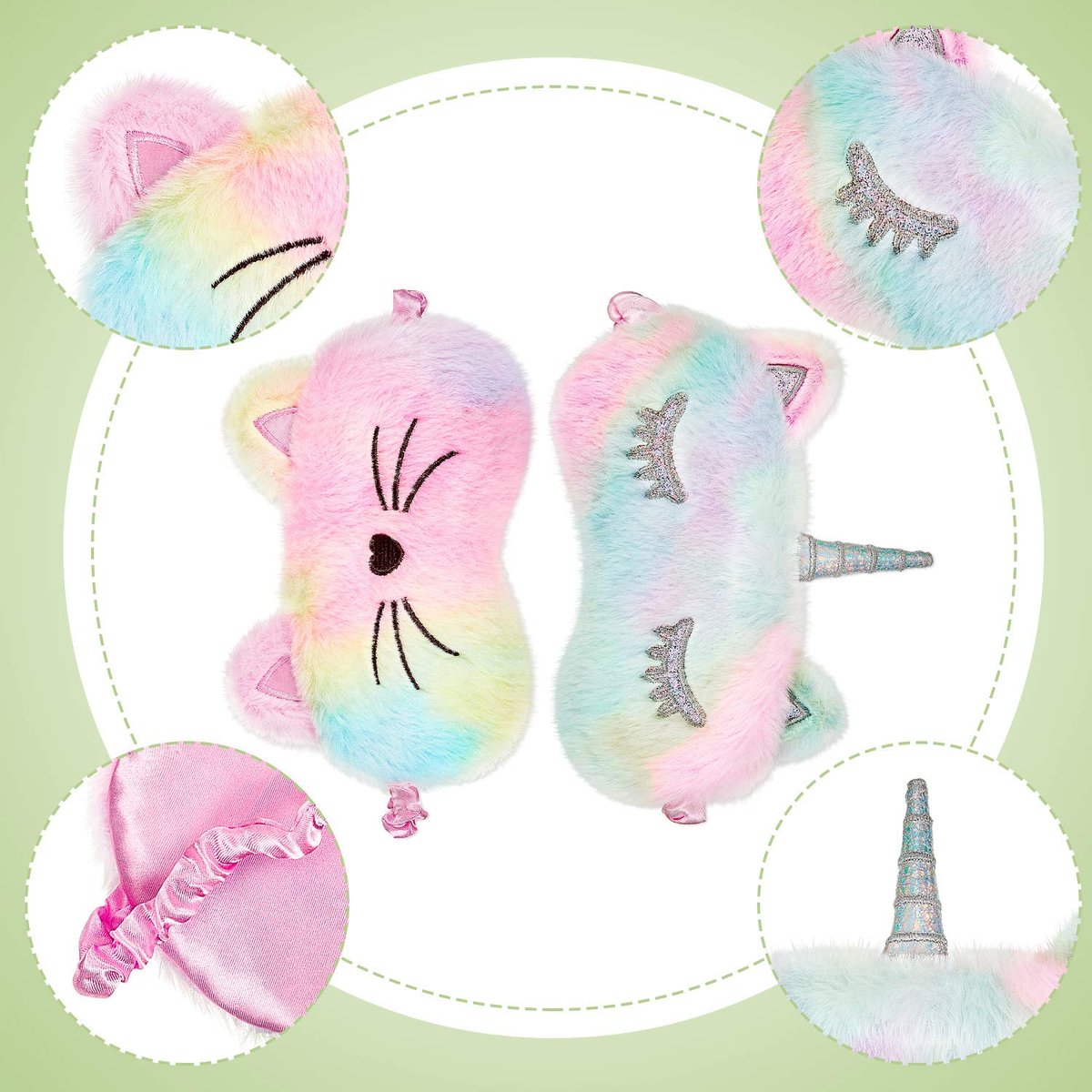 Geyoga 3er-Set Schlafmasken für Kinder – Plüsch-Schlafaugenabdeckung mit Tiermotiven (Regenbogenfarben, Katze und Einhorn)