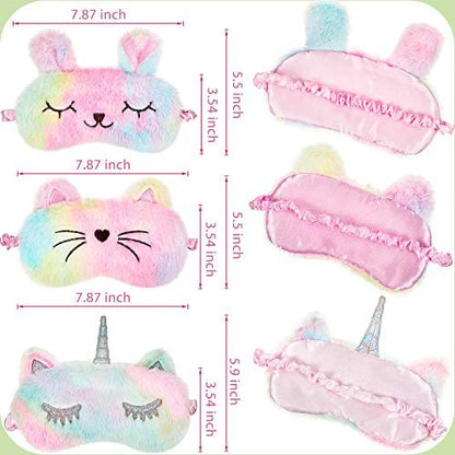 Geyoga 3er-Set Schlafmasken für Kinder – Plüsch-Schlafaugenabdeckung mit Tiermotiven (Regenbogenfarben, Katze und Einhorn)