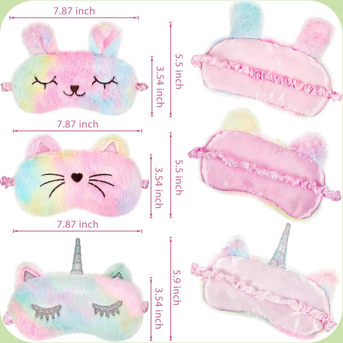 Geyoga 3er-Set Schlafmasken für Kinder – Plüsch-Schlafaugenabdeckung mit Tiermotiven (Regenbogenfarben, Katze und Einhorn)