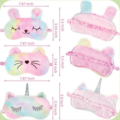 Geyoga 3er-Set Schlafmasken für Kinder – Plüsch-Schlafaugenabdeckung mit Tiermotiven (Regenbogenfarben, Katze und Einhorn)
