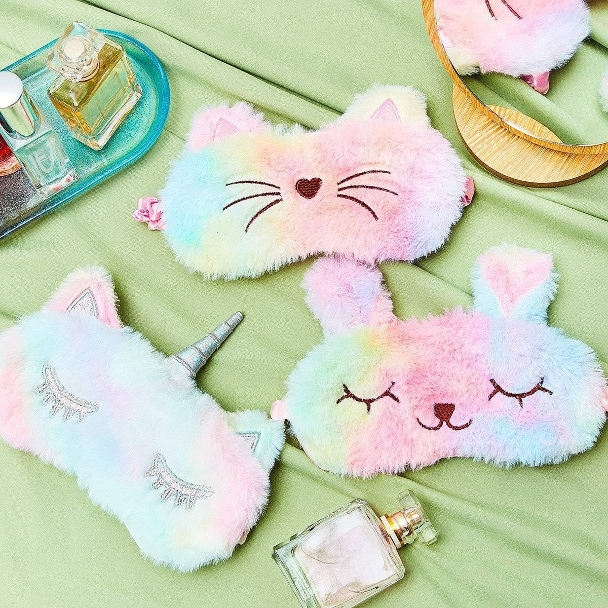 Geyoga 3er-Set Schlafmasken für Kinder – Plüsch-Schlafaugenabdeckung mit Tiermotiven (Regenbogenfarben, Katze und Einhorn)