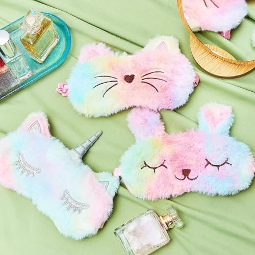 Geyoga 3er-Set Schlafmasken für Kinder – Plüsch-Schlafaugenabdeckung mit Tiermotiven (Regenbogenfarben, Katze und Einhorn)