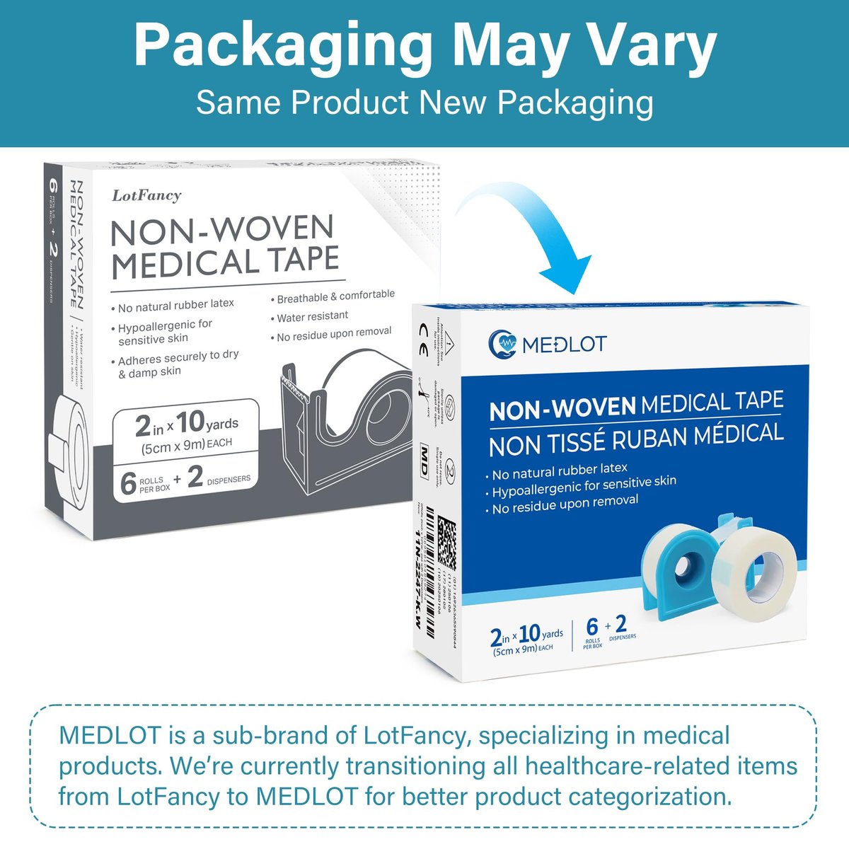 LotFancy Medizinisches Tape, 6 Rollen 5 cm x 9,1 m, hypoallergenes chirurgisches Papierklebeband, Wundversorgung und Erste-Hilfe-Tape, inklusive 2 Spendern