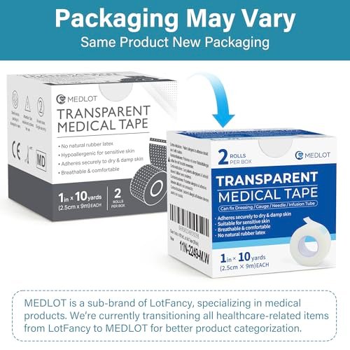LotFancy Transparentes medizinisches Klebeband 1" x 10 Yards, 2 Rollen hypoallergenes chirurgisches Klebeband, wasserfestes PE-Erste-Hilfe-Band zur Wundversorgung, Fixierung von Verbänden, für empfindliche Haut, latexfrei