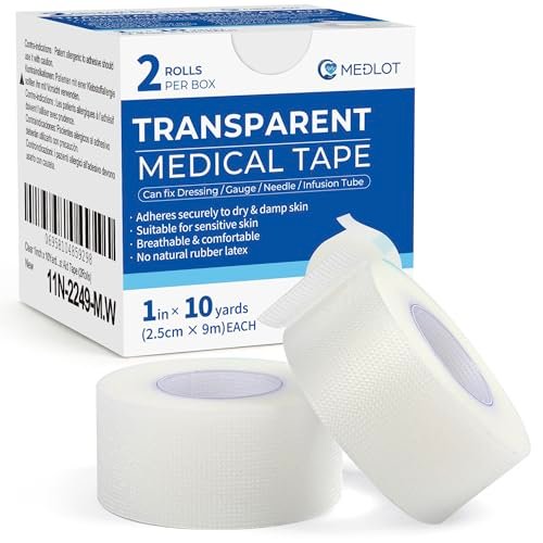 LotFancy Transparentes medizinisches Klebeband 1" x 10 Yards, 2 Rollen hypoallergenes chirurgisches Klebeband, wasserfestes PE-Erste-Hilfe-Band zur Wundversorgung, Fixierung von Verbänden, für empfindliche Haut, latexfrei