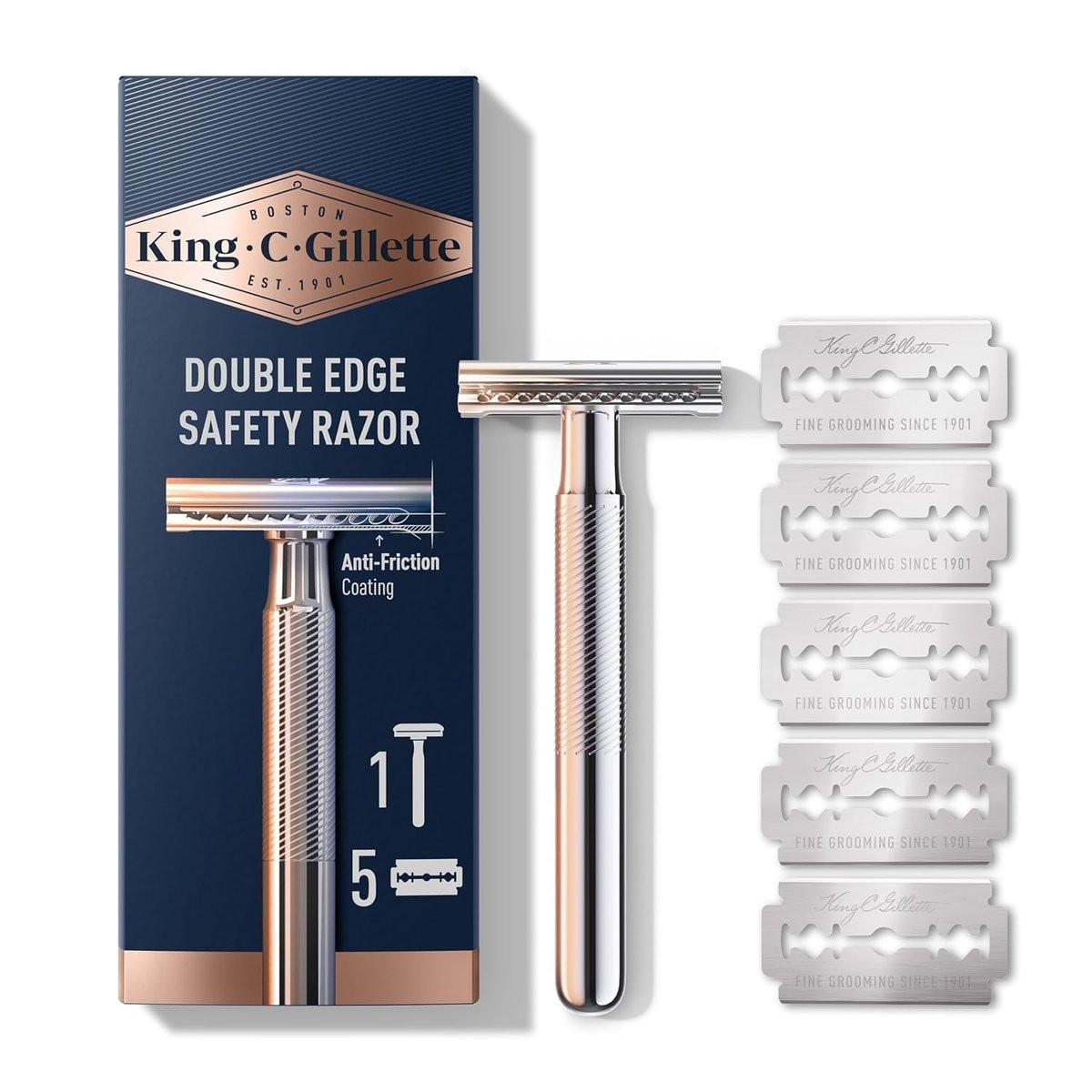 King C. Gillette Sicherheitsrasierer mit verchromtem Griff und 5 Platinbeschichteten Klingen der Güteklasse Doppelschneidig