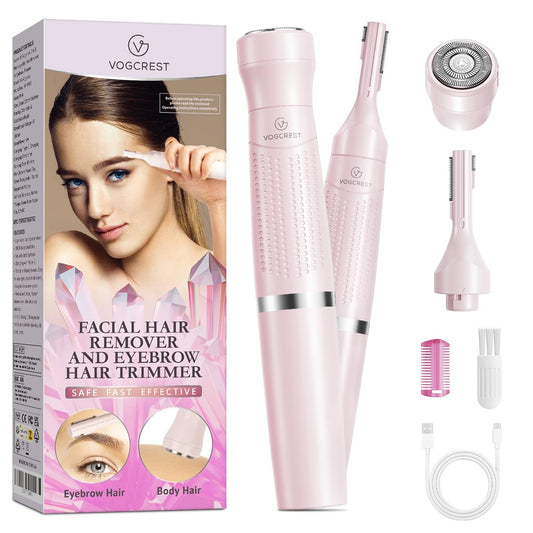 VG VOGCREST Damen Augenbrauentrimmer & Gesichtshaarentferner, 2-in-1, Doppelte rotierende Klingen, Sicher, Schmerzfrei, Hypoallergen, Wiederaufladbar, USB-Ladung