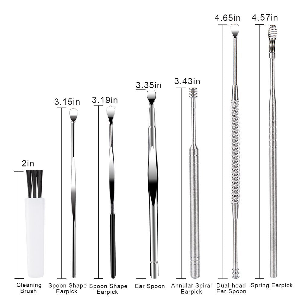 BetyBedy Ohrenreiniger Set – 7-teiliges Ohrlöffel-Set zur Ohrenschmalzentfernung mit Reinigungsbürste und Aufbewahrungsbox, Silber