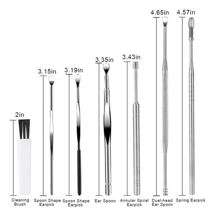 BetyBedy Ohrenreiniger Set – 7-teiliges Ohrlöffel-Set zur Ohrenschmalzentfernung mit Reinigungsbürste und Aufbewahrungsbox, Silber