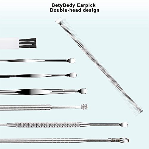 BetyBedy Ohrenreiniger Set – 7-teiliges Ohrlöffel-Set zur Ohrenschmalzentfernung mit Reinigungsbürste und Aufbewahrungsbox, Silber