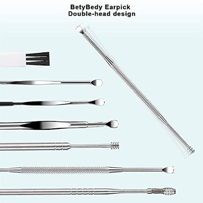 BetyBedy Ohrenreiniger Set – 7-teiliges Ohrlöffel-Set zur Ohrenschmalzentfernung mit Reinigungsbürste und Aufbewahrungsbox, Silber