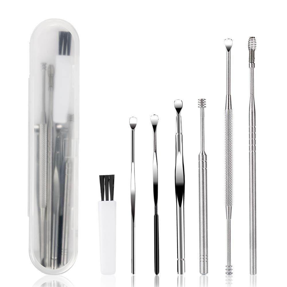 BetyBedy Ohrenreiniger Set – 7-teiliges Ohrlöffel-Set zur Ohrenschmalzentfernung mit Reinigungsbürste und Aufbewahrungsbox, Silber
