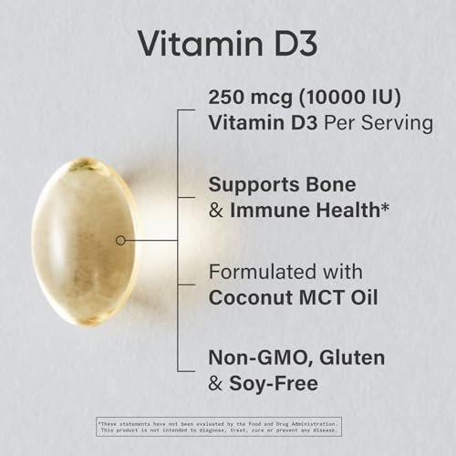 Sports Research® Vitamin D3 10.000 IE (250 µg) mit Kokos-MCT-Öl – Maximalstärke Vitamin-D-Ergänzung – Glutenfrei · Nicht-GVO · Sojafrei – 120 Weichkapseln